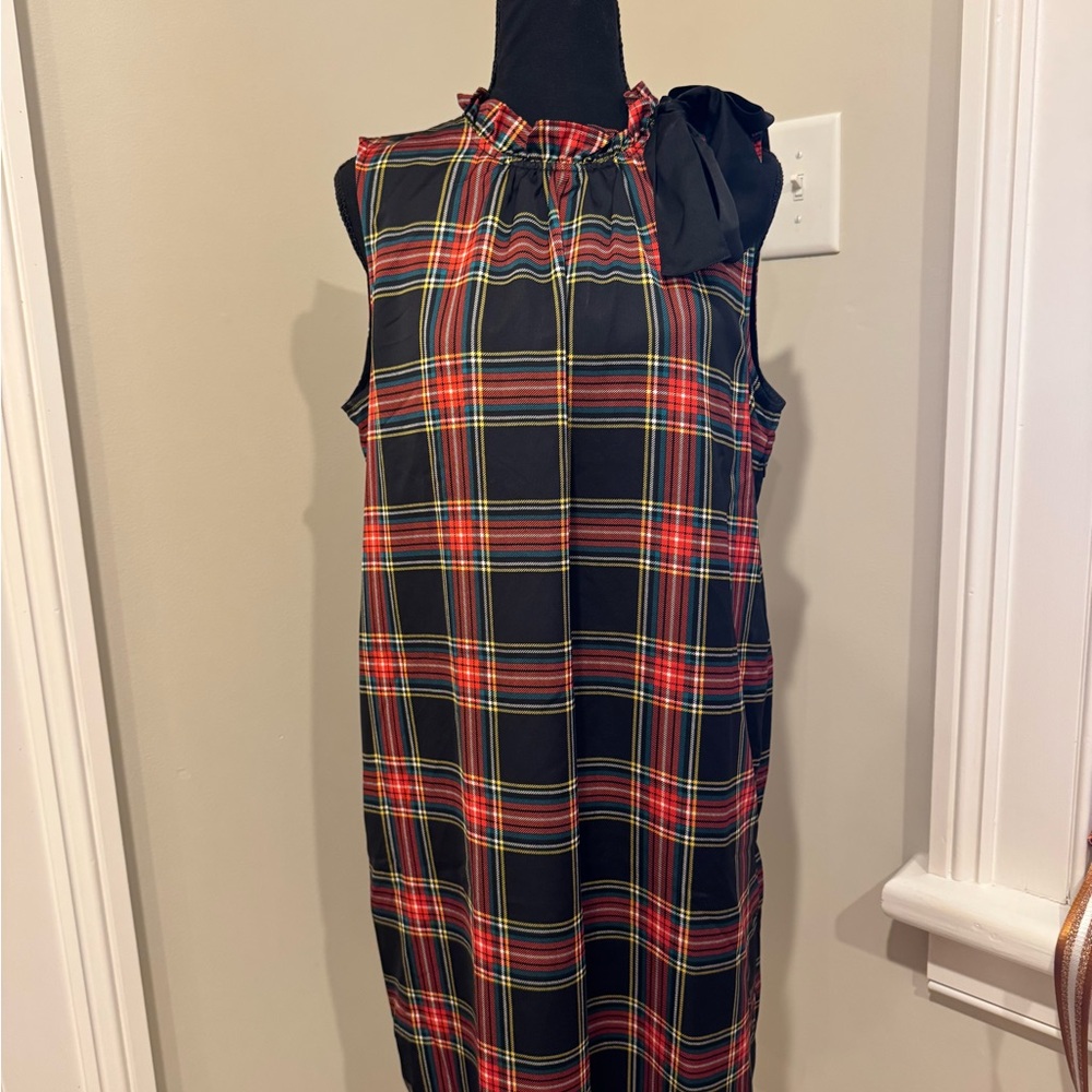 J. Crew Black and Red Plaid Sleeveless Midi Dress with Neck Bow